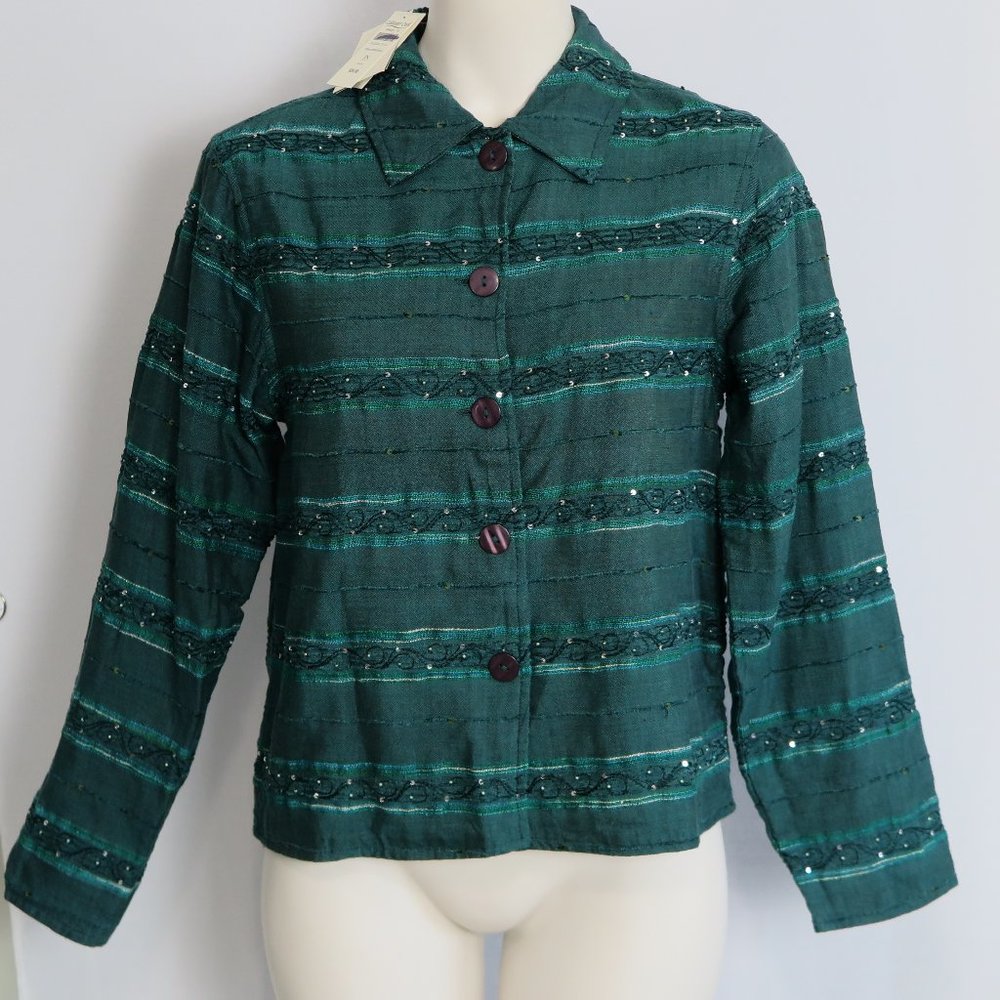 NWT Coldwater Creek Reversible Deep Teal Tonal Stripe Jacket Size PS